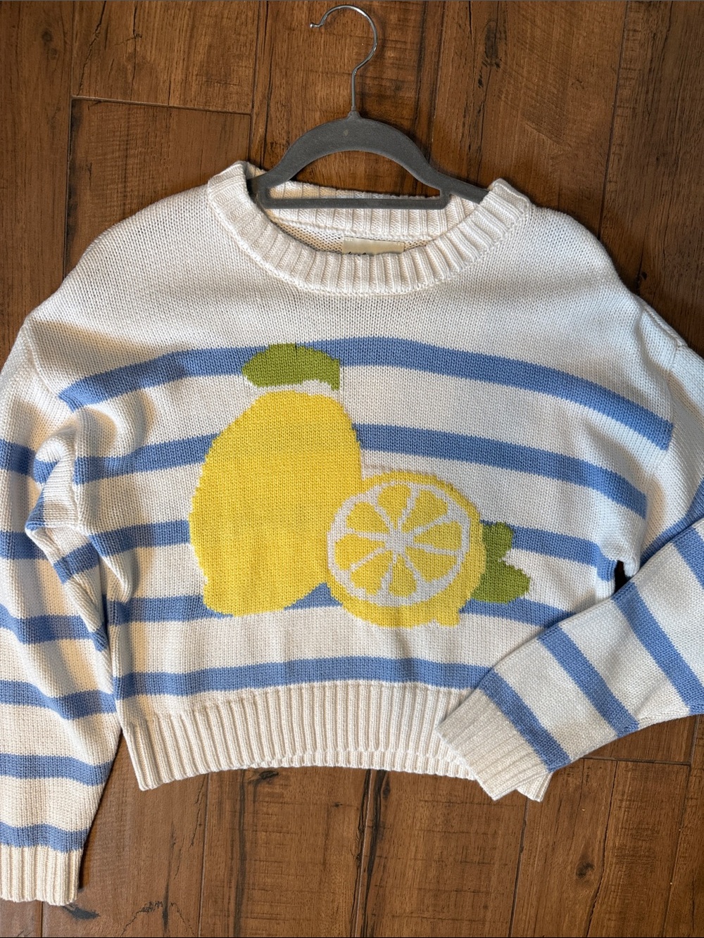 Freshman 1996 Cream & Blue Striped Crewneck Sweater with Lemon Motif - Women M